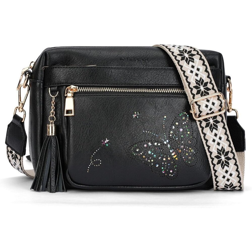 Women’s 09-black Leather Purse Crossbody Bag Handbags Butterfly Design